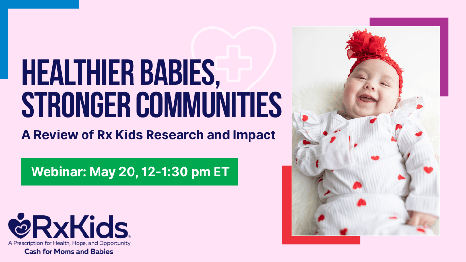 A flyer for a webinar with a smiling baby in a white onesie with red heards
