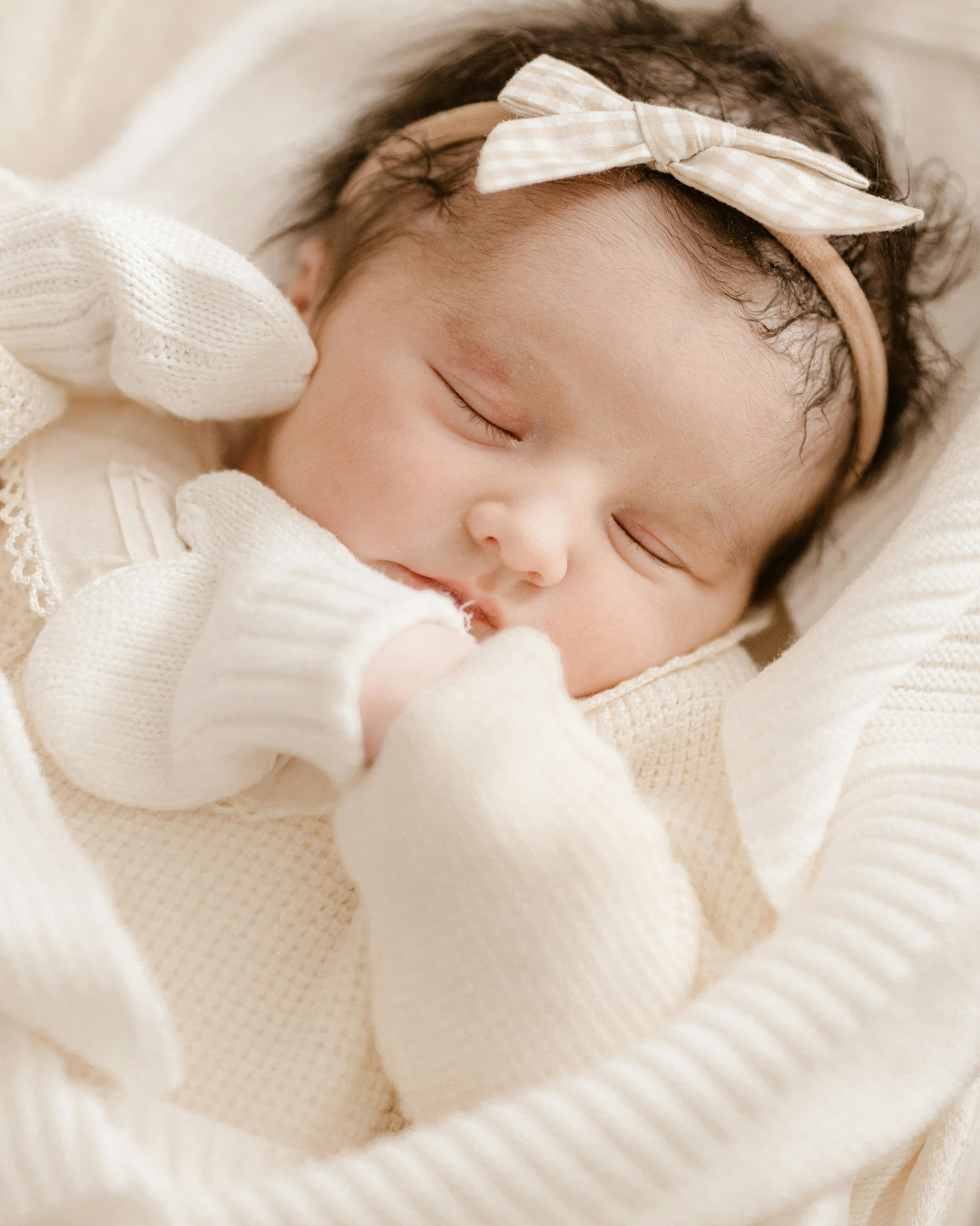 A baby with black hair and a white bow sleeping and wearing white mittens