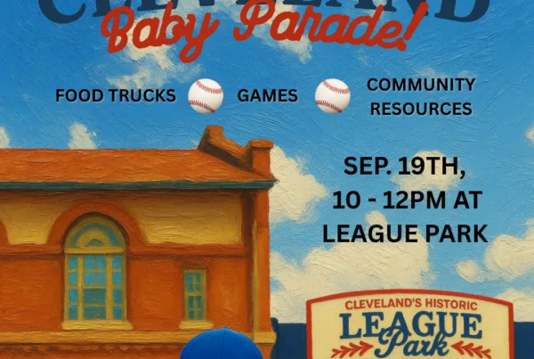 Graphic to promote upcoming Rx Kids Cleveland Baby parade at a baseball park