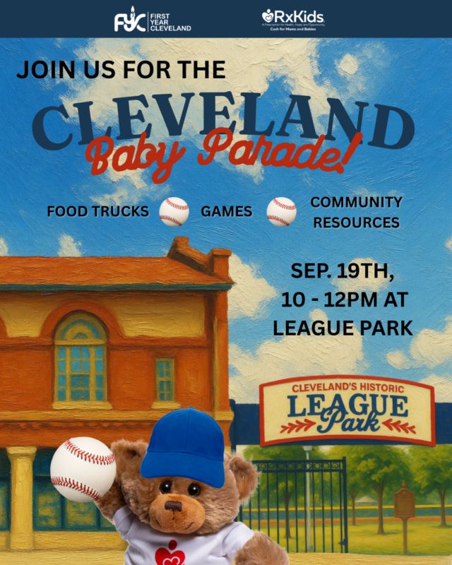 Graphic to promote upcoming Rx Kids Cleveland Baby parade at a baseball park